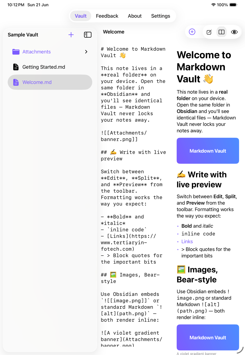 ClipNest on iPad showing a split editor and Markdown preview