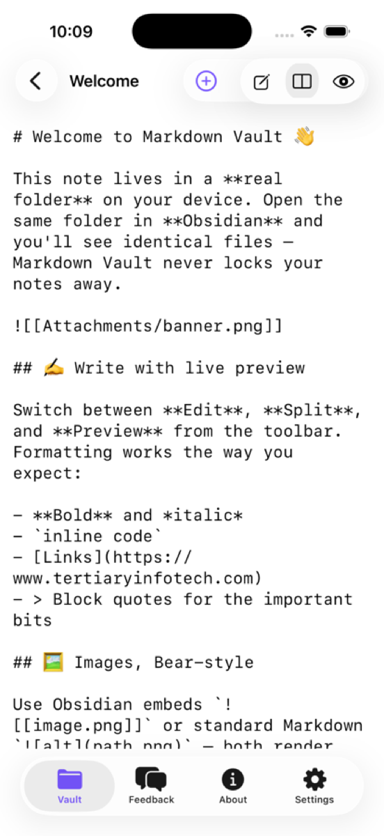 ClipNest on iPhone showing a rendered Markdown note